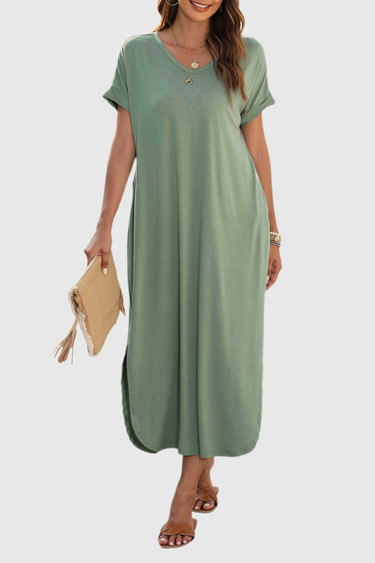 Grass Green V Neck Hidden Pocket Splits Maxi T-shirt Dress