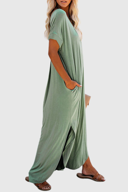 Grass Green V Neck Hidden Pocket Splits Maxi T-shirt Dress