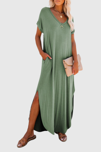 Grass Green V Neck Hidden Pocket Splits Maxi T-shirt Dress