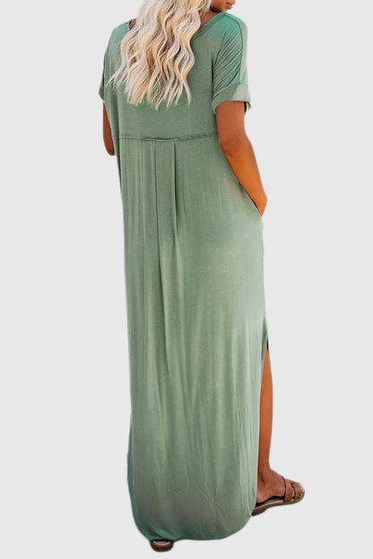 Grass Green V Neck Hidden Pocket Splits Maxi T-shirt Dress