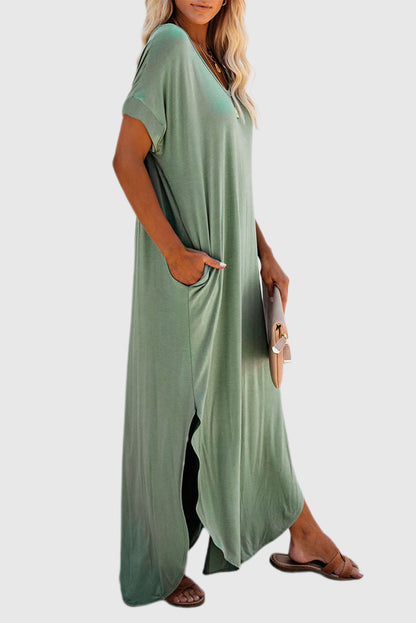 Grass Green V Neck Hidden Pocket Splits Maxi T-shirt Dress