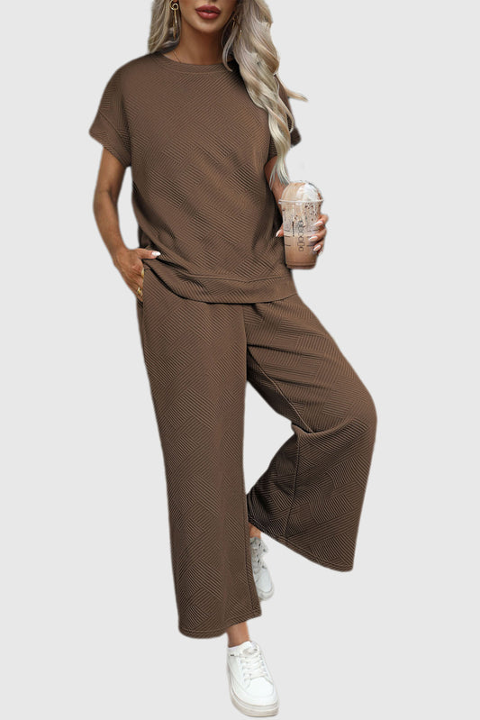 Brown Textured Loose Fit T Shirt and Drawstring Pants Set