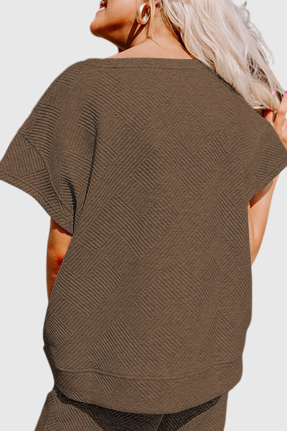 Brown Textured Loose Fit T Shirt and Drawstring Pants Set