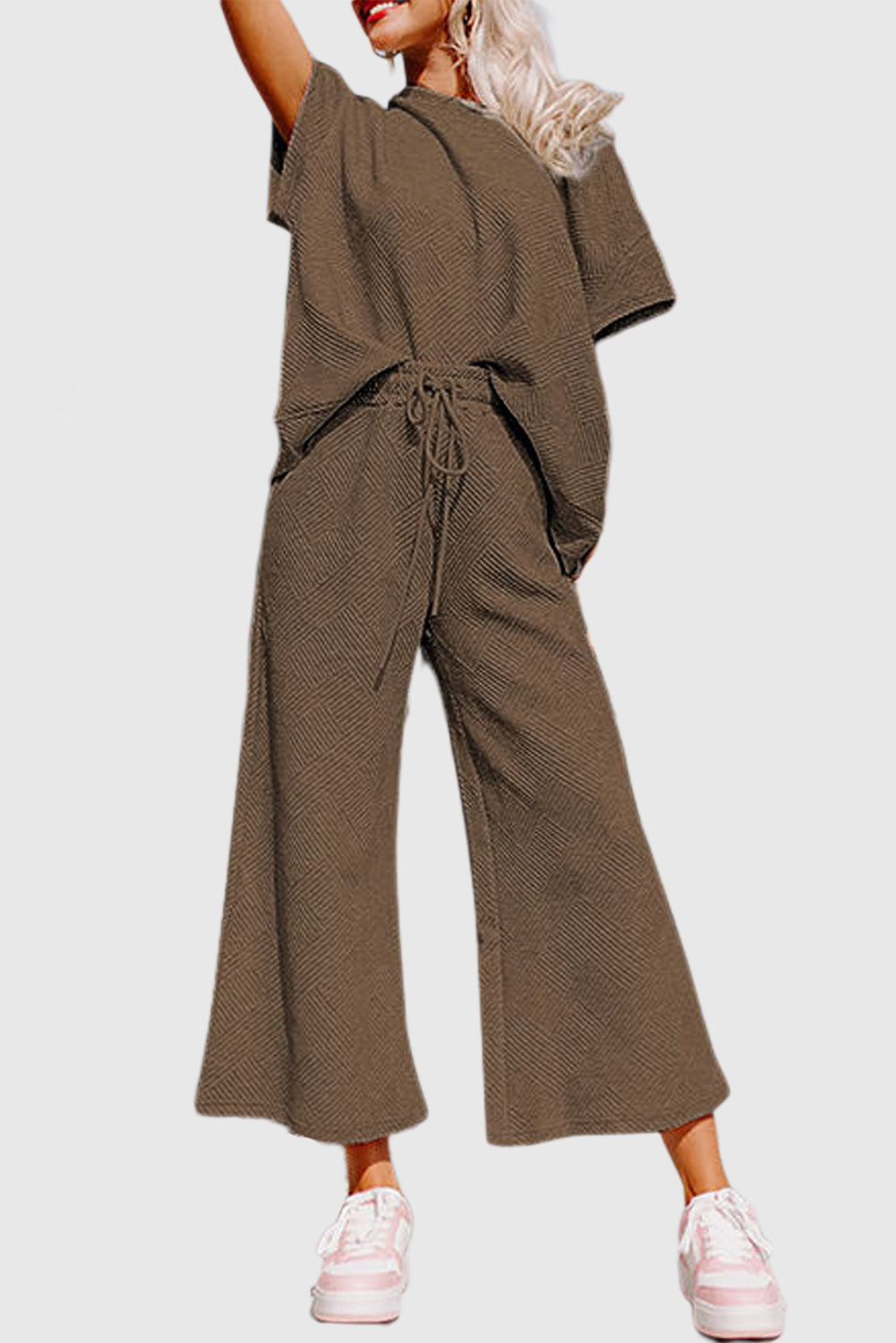 Brown Textured Loose Fit T Shirt and Drawstring Pants Set