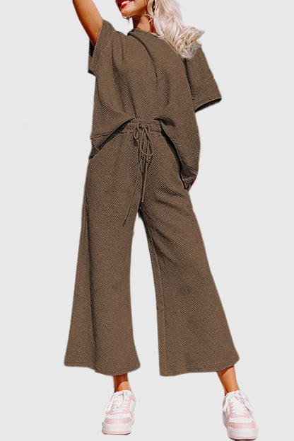 Brown Textured Loose Fit T Shirt and Drawstring Pants Set