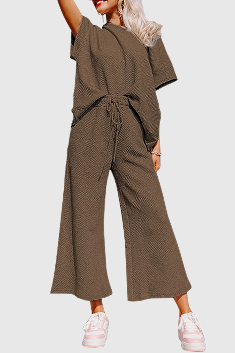 Brown Textured Loose Fit T Shirt and Drawstring Pants Set