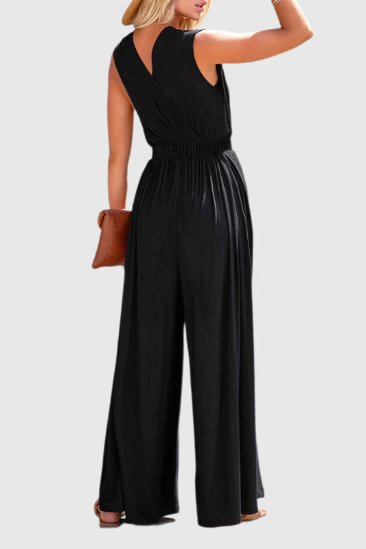 Black Deep V Pleated Crisscross Wide Leg Backless Jumpsuit