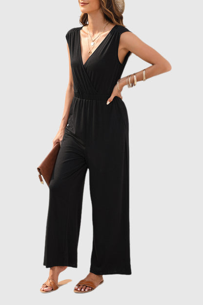 Black Deep V Pleated Crisscross Wide Leg Backless Jumpsuit