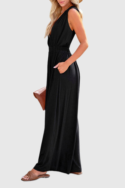 Black Deep V Pleated Crisscross Wide Leg Backless Jumpsuit