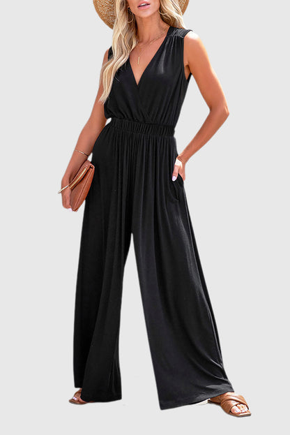 Black Deep V Pleated Crisscross Wide Leg Backless Jumpsuit