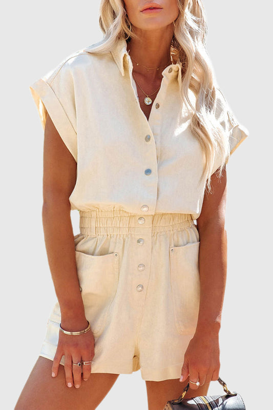 Solid Color High-Waist Pocket Denim Short Jumpsuit