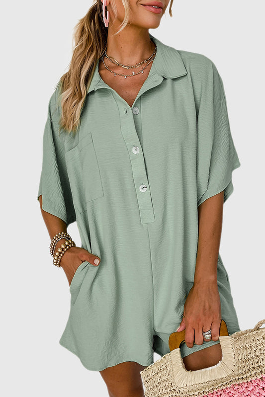 Spinach Green Half Button Collared Loose Romper