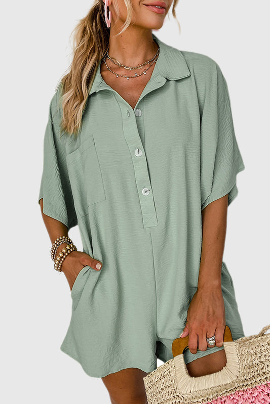 Spinach Green Half Button Collared Loose Romper