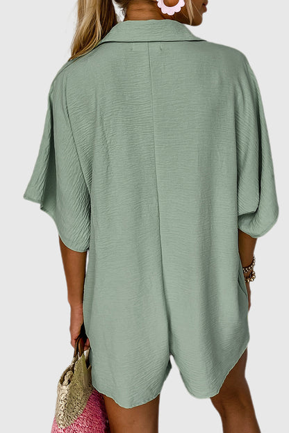 Spinach Green Half Button Collared Loose Romper