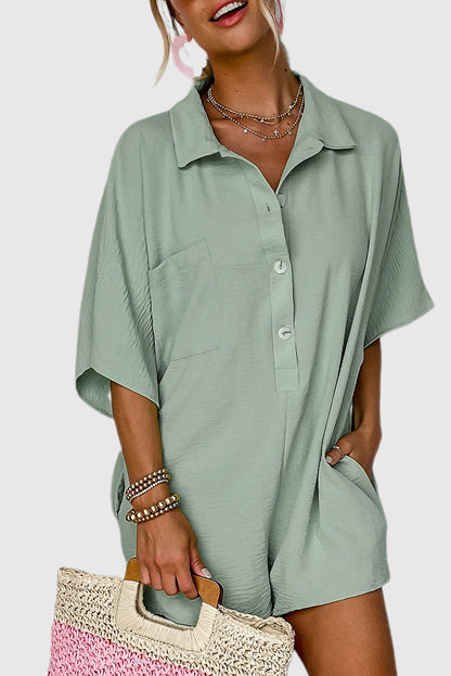 Spinach Green Half Button Collared Loose Romper