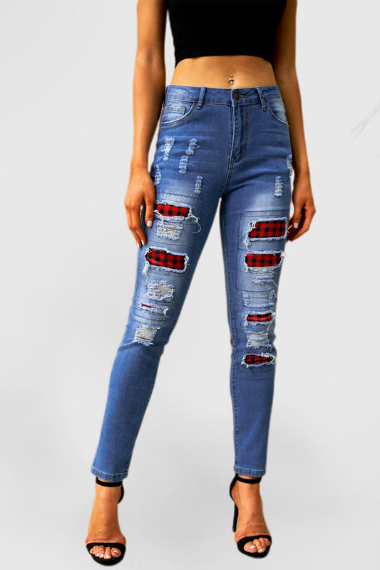 Ripped Plaid Straight Legs Jeans
