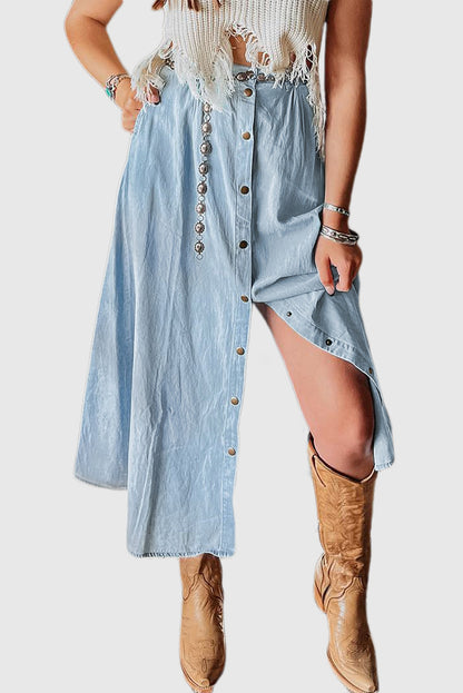 Fully Buttoned Long Denim Skirt