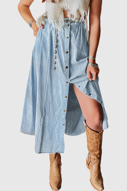 Fully Buttoned Long Denim Skirt