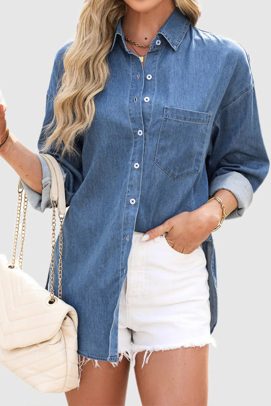 Beau Blue Solid Color Oversized Patched Pocket Buttoned Shirt