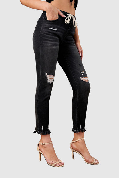Black/Light Blue/Dark Blue Elastic Waist Straight Leg Destroyed Raw Hem Jeans