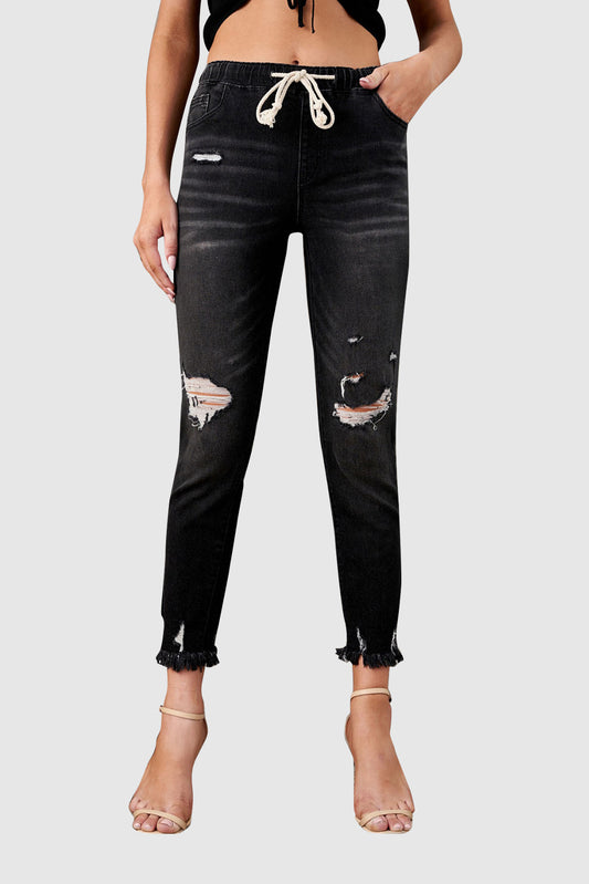Black/Light Blue/Dark Blue Elastic Waist Straight Leg Destroyed Raw Hem Jeans