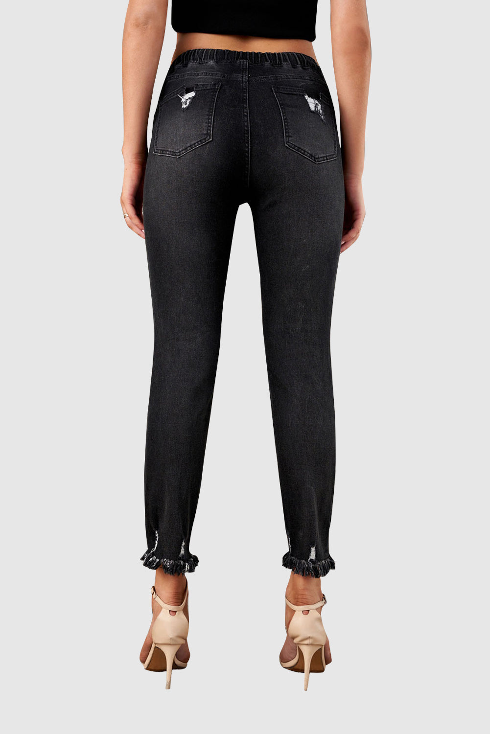 Black/Light Blue/Dark Blue Elastic Waist Straight Leg Destroyed Raw Hem Jeans
