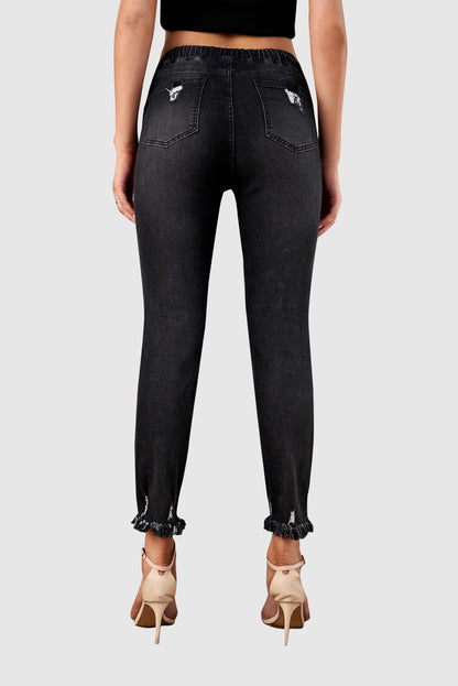 Black/Light Blue/Dark Blue Elastic Waist Straight Leg Destroyed Raw Hem Jeans