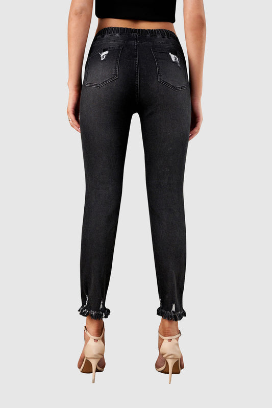 Black/Light Blue/Dark Blue Elastic Waist Straight Leg Destroyed Raw Hem Jeans