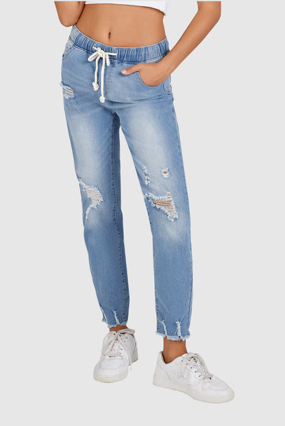 Black/Light Blue/Dark Blue Elastic Waist Straight Leg Destroyed Raw Hem Jeans