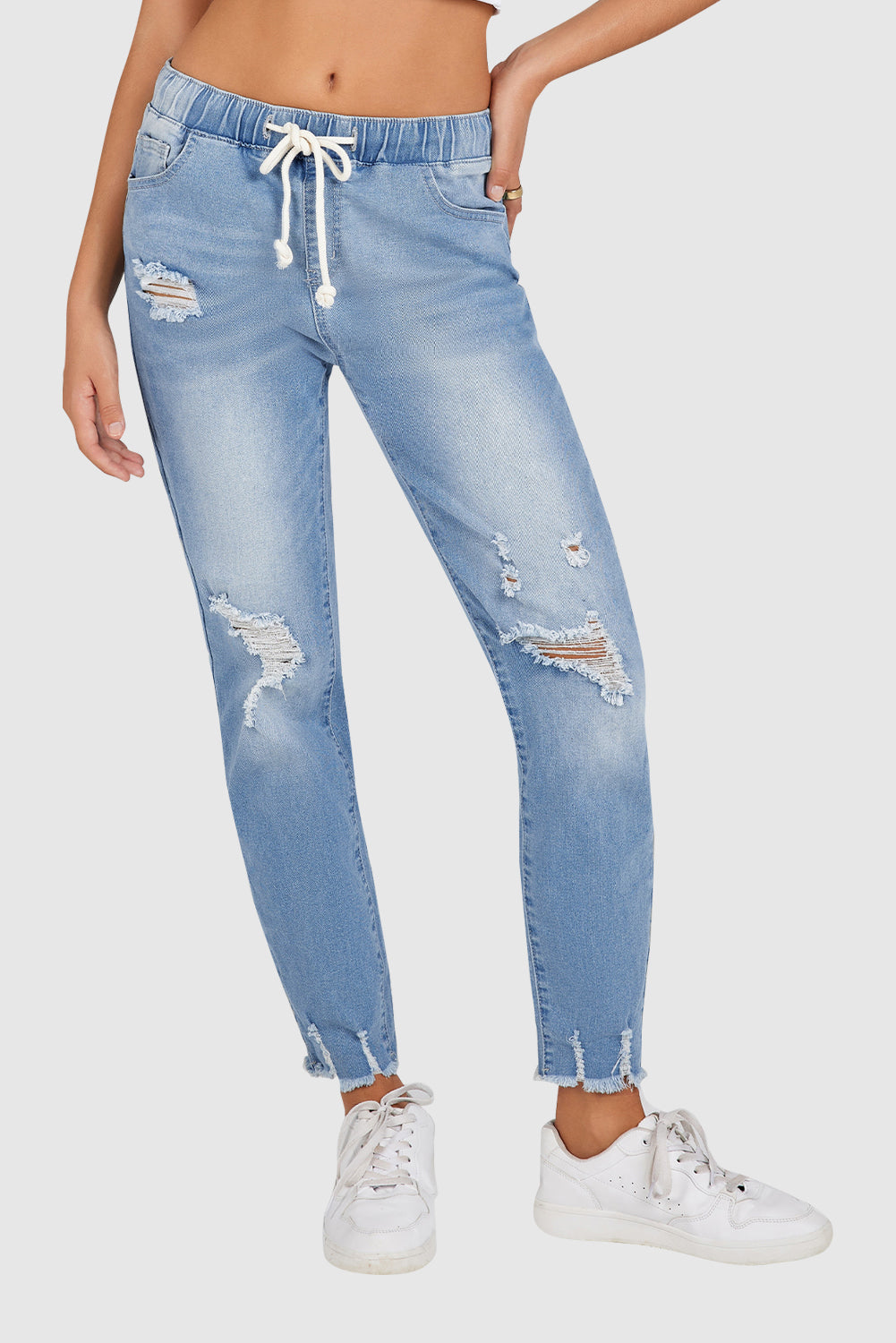 Black/Light Blue/Dark Blue Elastic Waist Straight Leg Destroyed Raw Hem Jeans