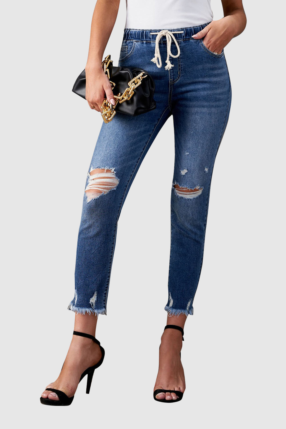Black/Light Blue/Dark Blue Elastic Waist Straight Leg Destroyed Raw Hem Jeans
