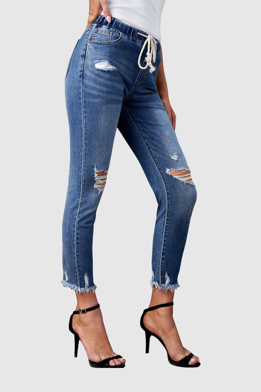Black/Light Blue/Dark Blue Elastic Waist Straight Leg Destroyed Raw Hem Jeans