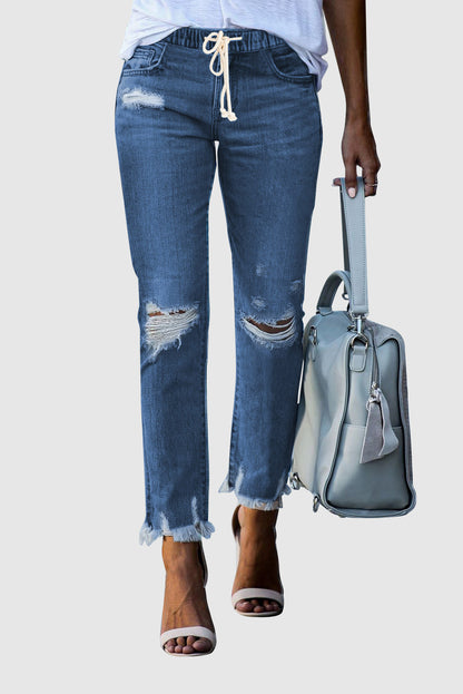 Black/Light Blue/Dark Blue Elastic Waist Straight Leg Destroyed Raw Hem Jeans