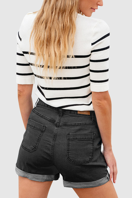 High Waist Solid Color Slim Pocket Denim Shorts