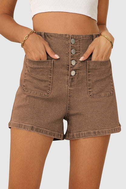 Women's High-Waisted Button Fly Stretch Denim Shorts with Pockets