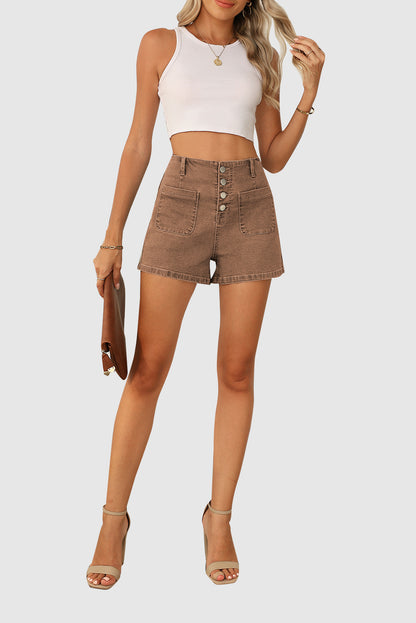 Women's High-Waisted Button Fly Stretch Denim Shorts with Pockets