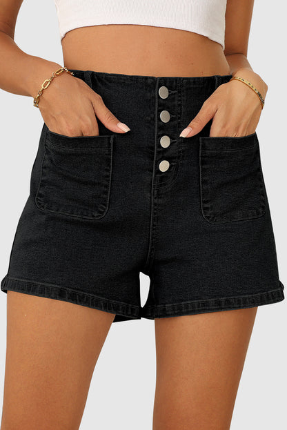 Women's High-Waisted Button Fly Stretch Denim Shorts with Pockets
