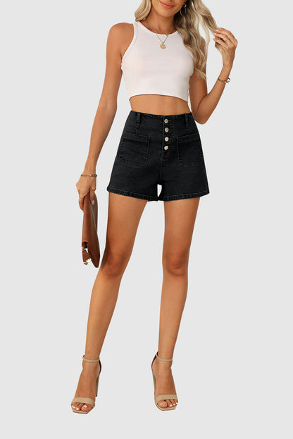 Women's High-Waisted Button Fly Stretch Denim Shorts with Pockets