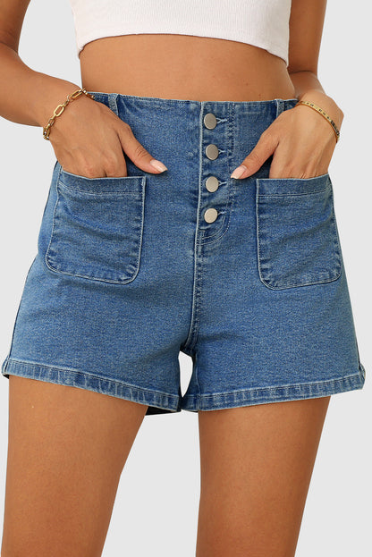 Women's High-Waisted Button Fly Stretch Denim Shorts with Pockets