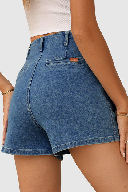 Women's High-Waisted Button Fly Stretch Denim Shorts with Pockets