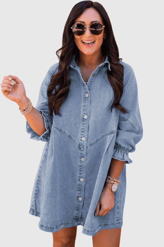 Sky Blue Buttoned Long Sleeve Denim Mini Dress