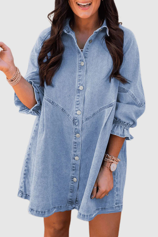 Sky Blue Buttoned Long Sleeve Denim Mini Dress