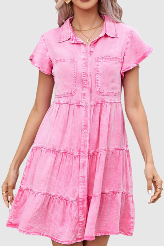 Mineral Washed Ruffle Sleeve Tiered Chambray Dress