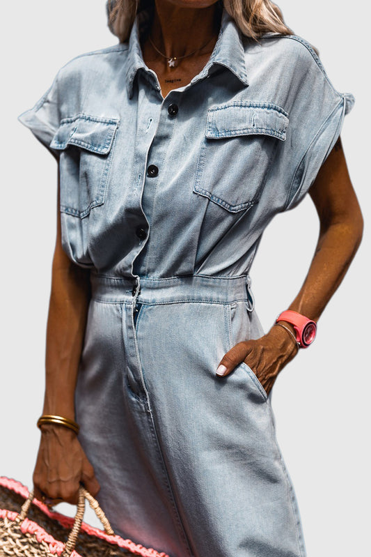 Beau Blue Short Batwing Sleeve Slit Back Denim Dress
