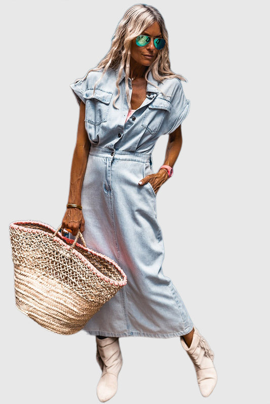 Beau Blue Short Batwing Sleeve Slit Back Denim Dress
