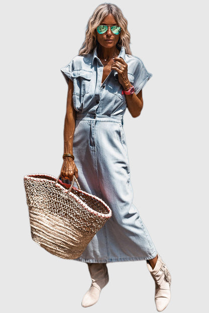 Beau Blue Short Batwing Sleeve Slit Back Denim Dress