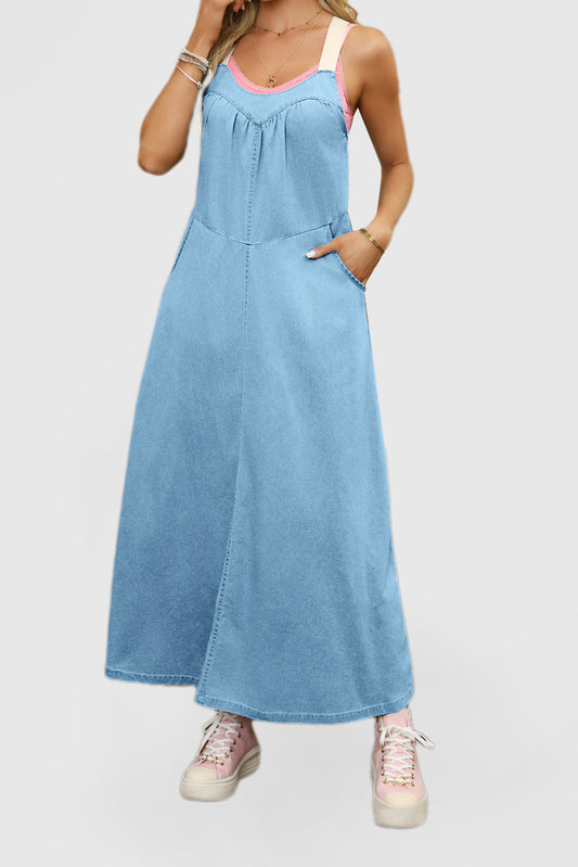 Light gray Beau Blue dress with contrasting straps and pockets