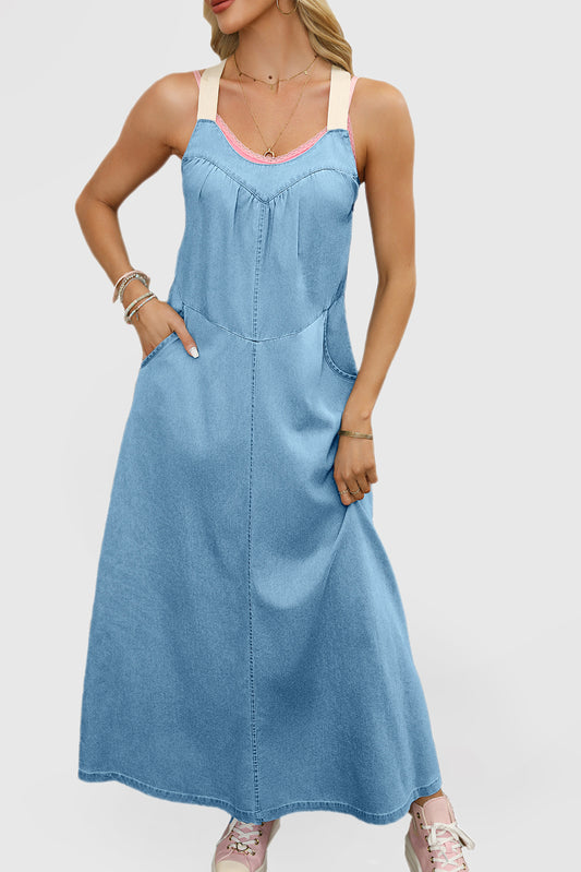 Light gray Beau Blue dress with contrasting straps and pockets