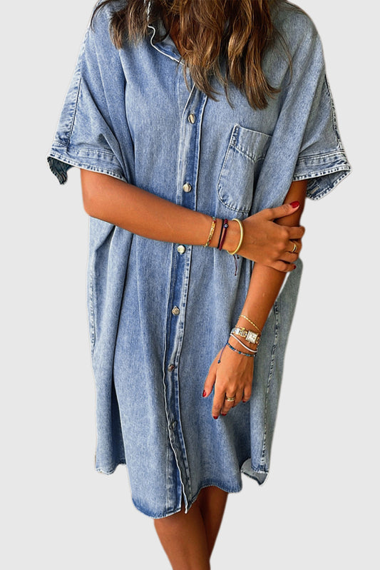 Light Blue Loose Medium Wash Short Sleeve Shirt Chambray Dress