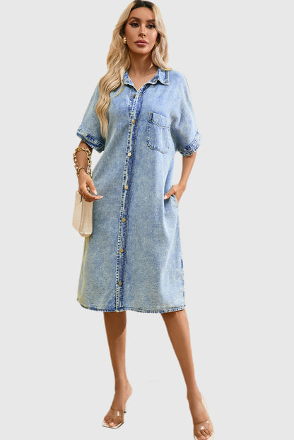 Light Blue Loose Medium Wash Short Sleeve Shirt Chambray Dress